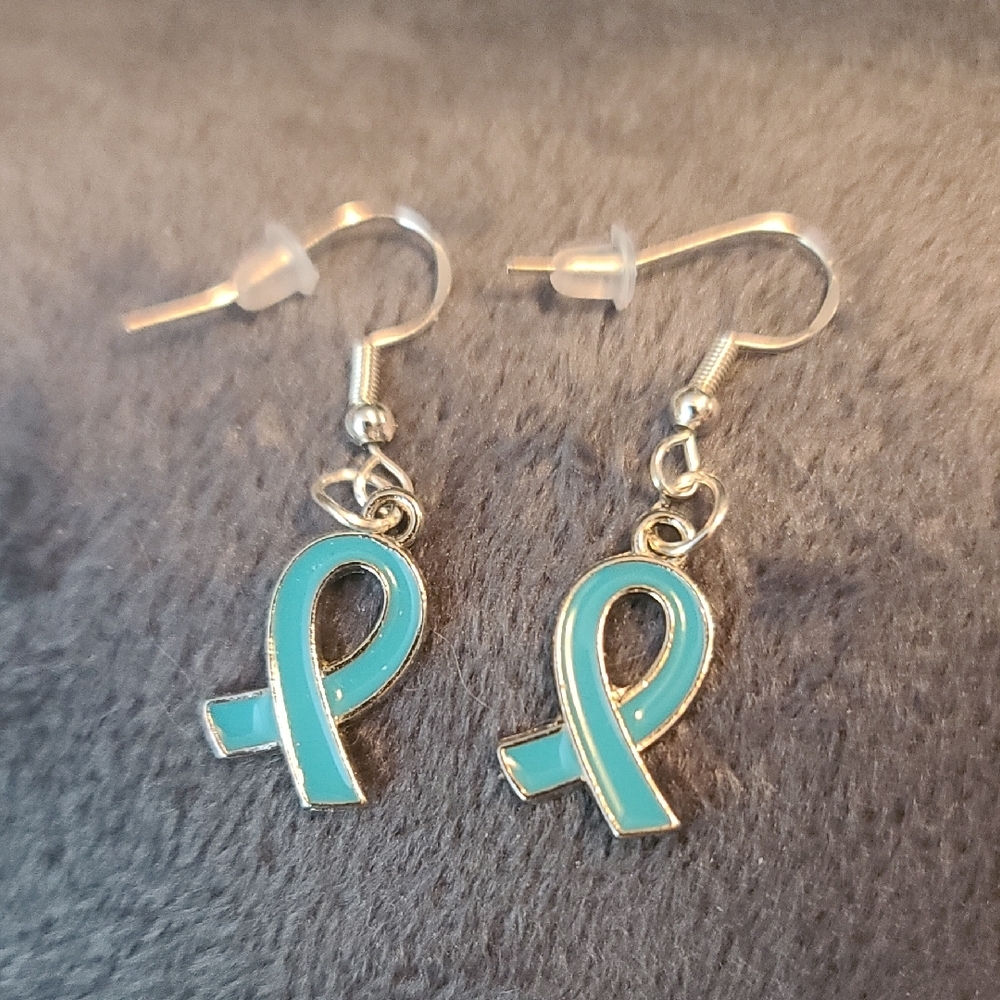 Teal and Silver Dangle Hook 925 Earrings NWT Cancer - Picture 2 of 5